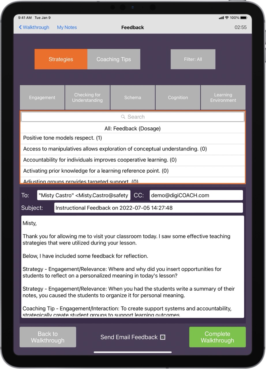Example of digiCOACH running on an iPad showing the powerful coaching features which allow for coaching support to be emailed to teachers that include pre-written, researched-based strategies and coaching tips.